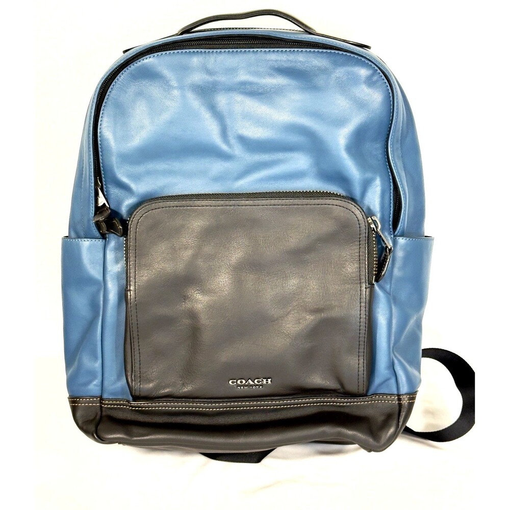 Coach Graham Backpack F37599 Blue Mineral Black Calf Leather Laptop Travel Bag